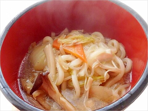 鶏団子鍋リメイク　うどんを入れてみた